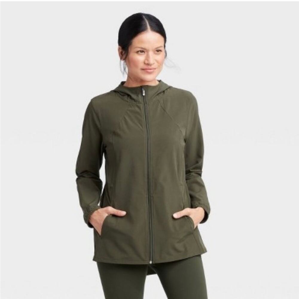 All In Motion Women's Lightweight Active Hooded Rain Jacket Green Sz Small